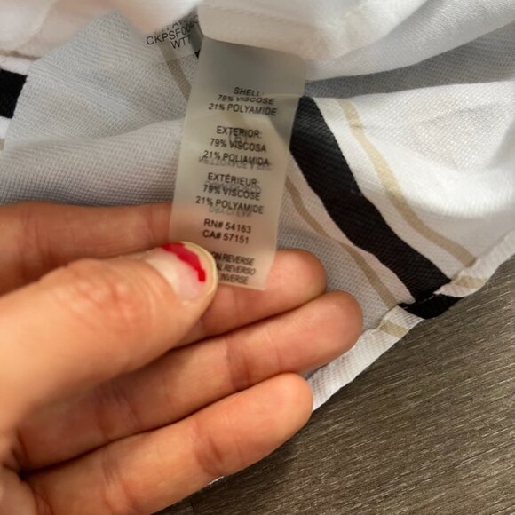 Calvin Klein White Smock-Neck Collarless Striped Blouse with Bell Sleeves - Picture 9 of 12